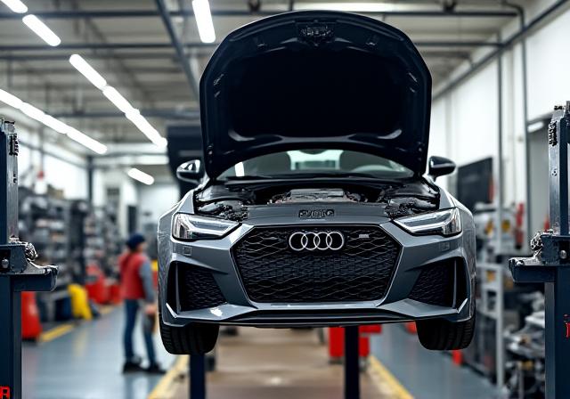 Audi RS6 Avant na dílně s otevřenou kapotou
